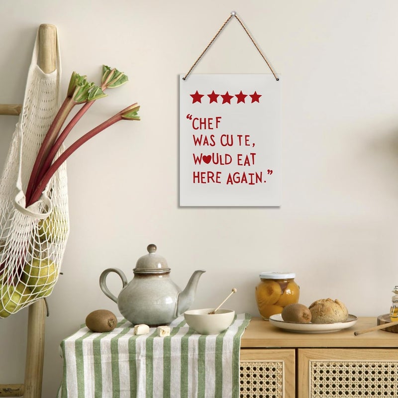 UYIKG Kitchen Signs Decor, Chef Was Cute Would Eat Here Again Wood Hanging Sign, Funny Dining Room Wall Decor, Dining Hall Dining Room Restaurant Wooden Slogan Hanging Sign 8x10 In (Red Letters) - Image 2